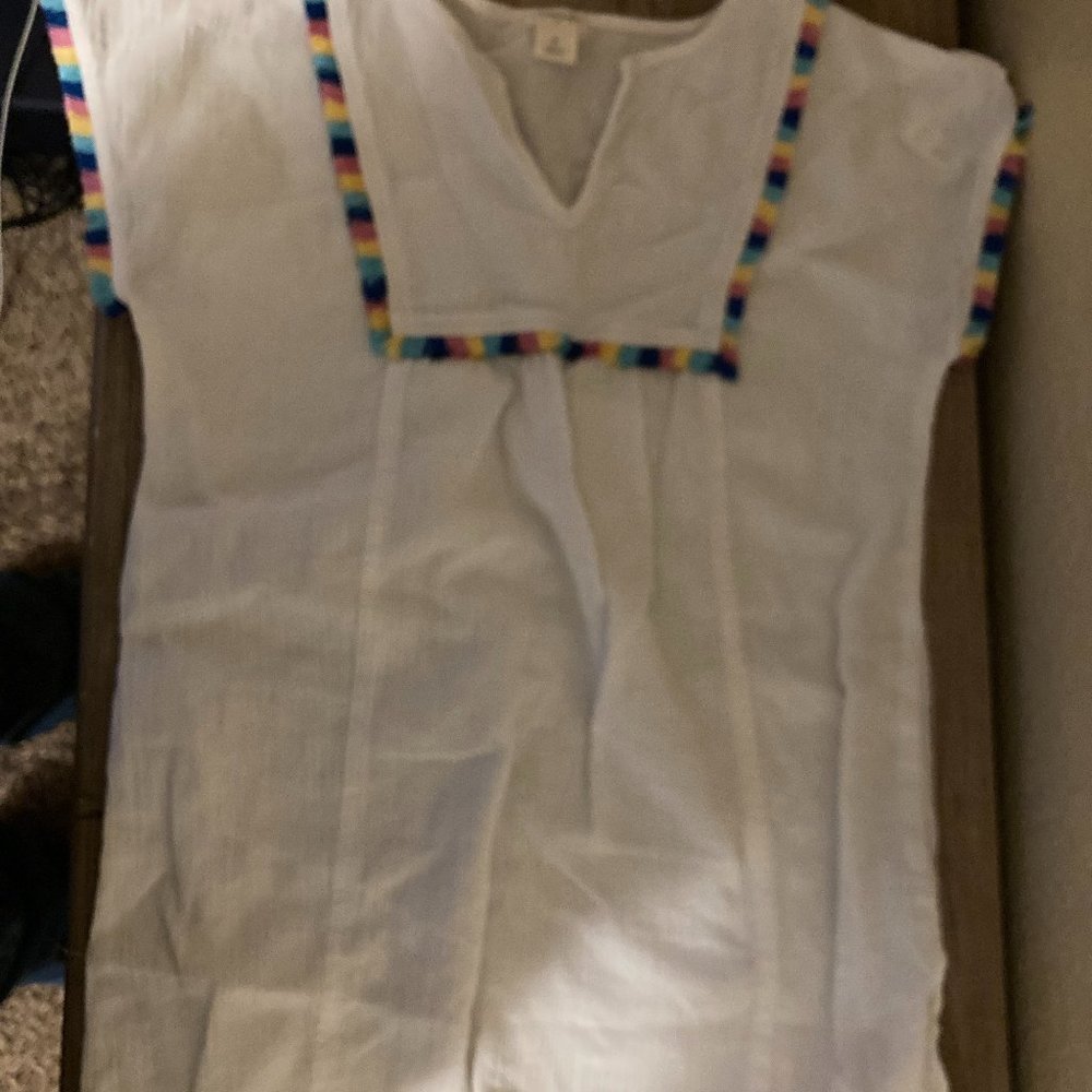 Crewcuts Short Sleeve White Tunic Top Blouse Rainbow Fringe VGUC Small Cotton